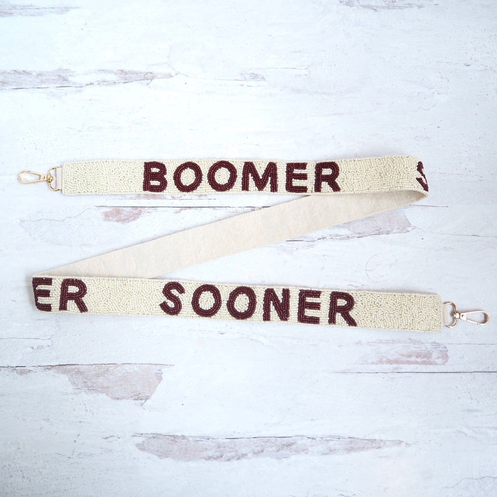 Beaded Boomer Sooner Oklahoma Collegiate Game Day Purse Strap Cream/Off white
